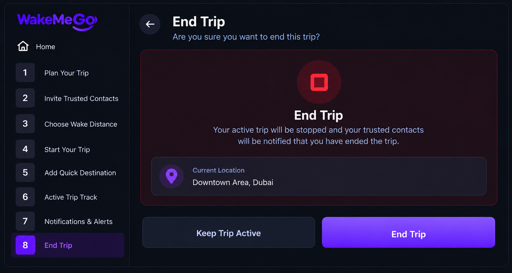 WakeMeGo End Trip screen